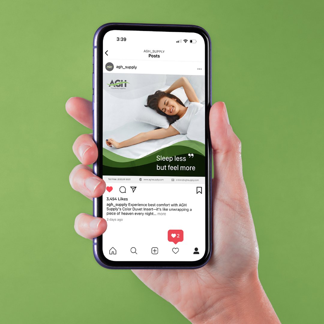 Smartphone displaying an AGH Supply post, design & SMM by Zero Designs.